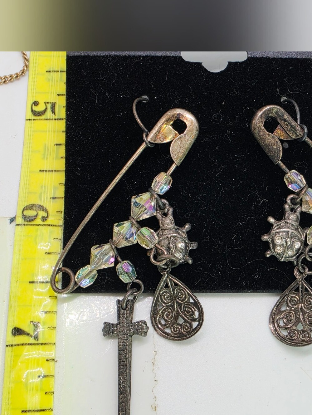 Vintage Whimsigoth Safety Pin Charm Dangle Earrings Grunge Fairycore 90s Y2K